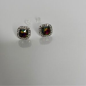 Multicolor Crystal Halo Stud Earrings - Silver